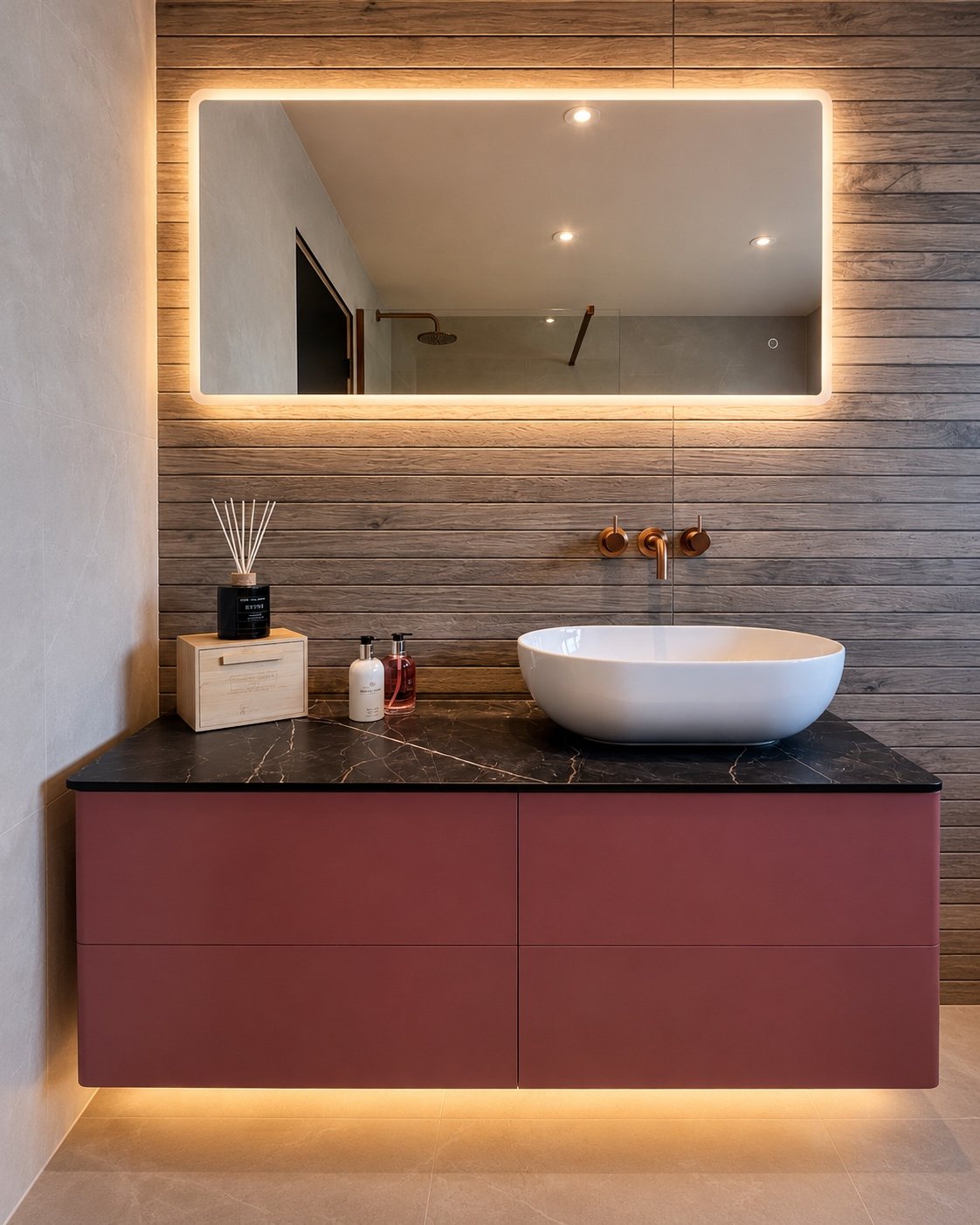 Finished ensuite vanity with vessel sink and copper taps, after